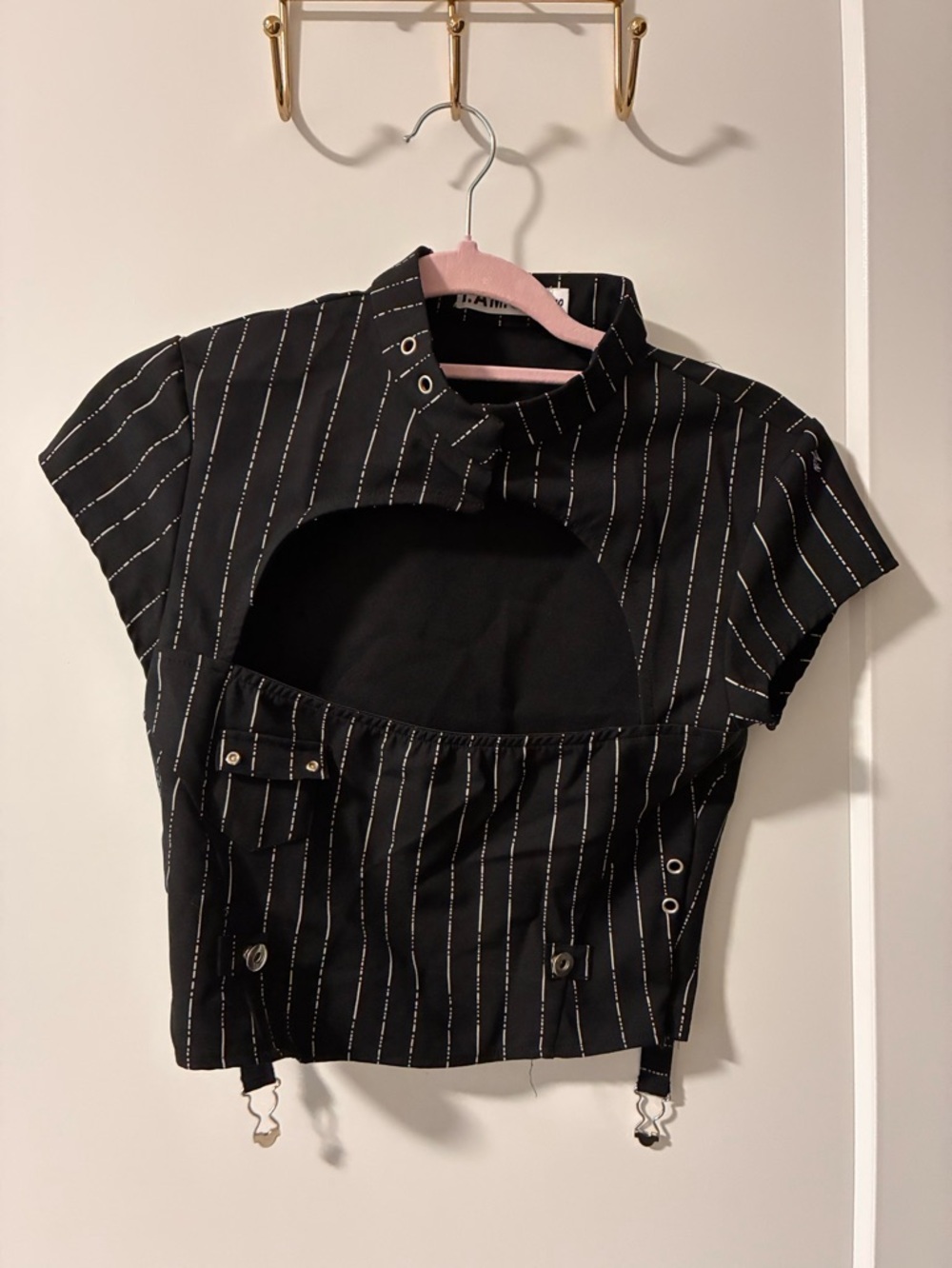 I AM GIa Black Pinstripe Cutout Top - Trendy Short Sleeve Shirt